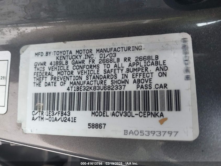 2003 Toyota Camry Le VIN: 4T1BE32K83U682337 Lot: 41613786
