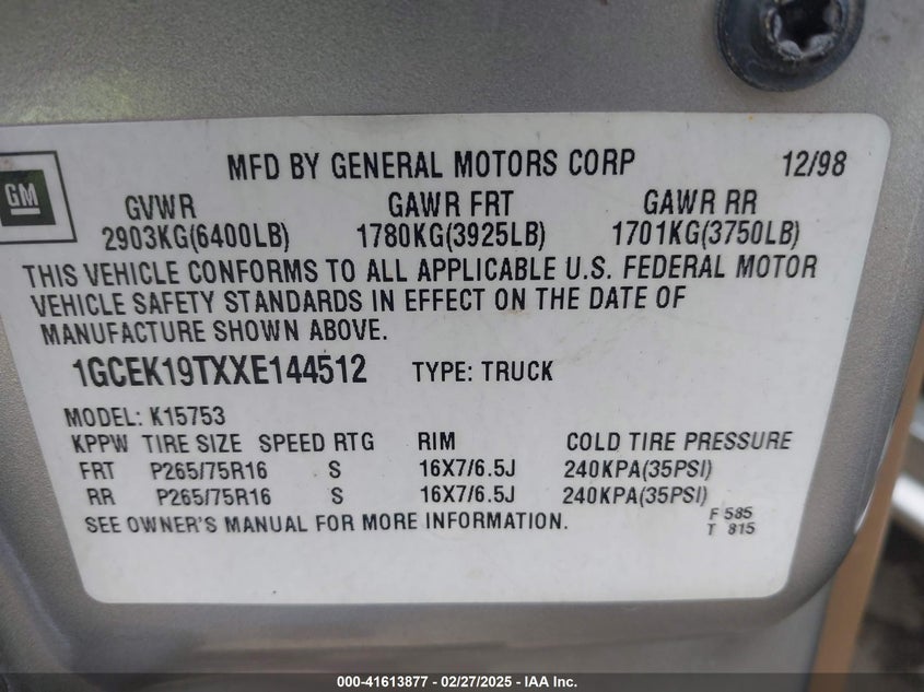 1999 Chevrolet Silverado 1500 Lt VIN: 1GCEK19TXXE144512 Lot: 41613877