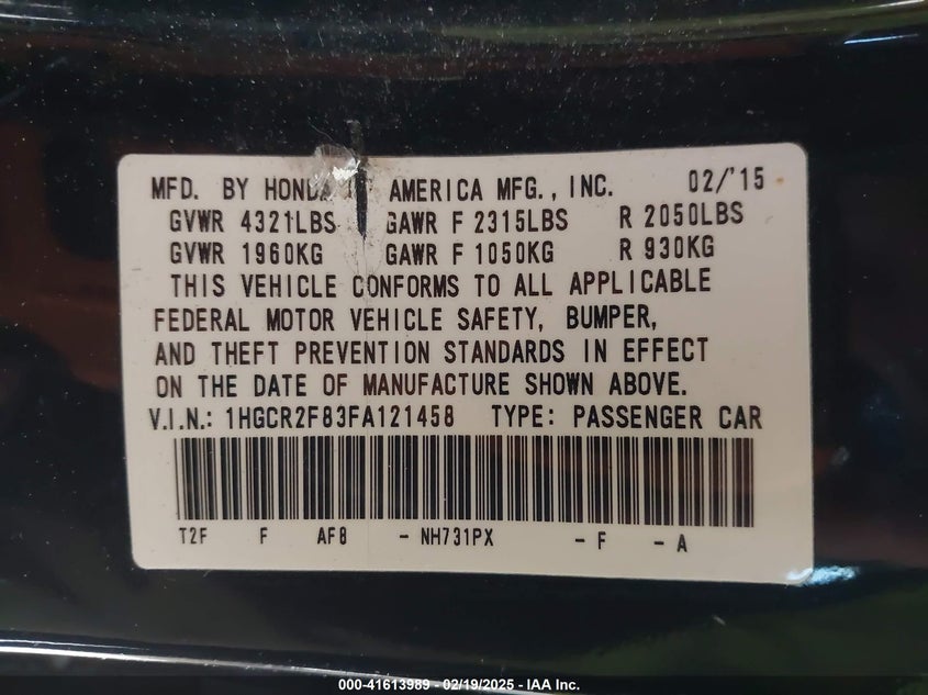 2015 HONDA ACCORD VIN: 1HGCR2F83FA121458