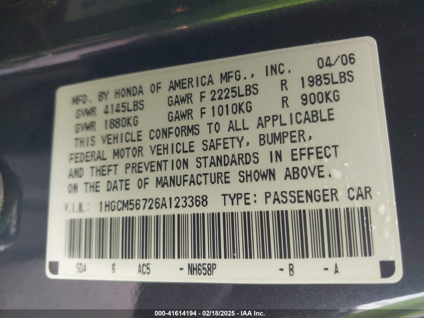 2006 HONDA ACCORD VIN: 1HGCM56726A123368