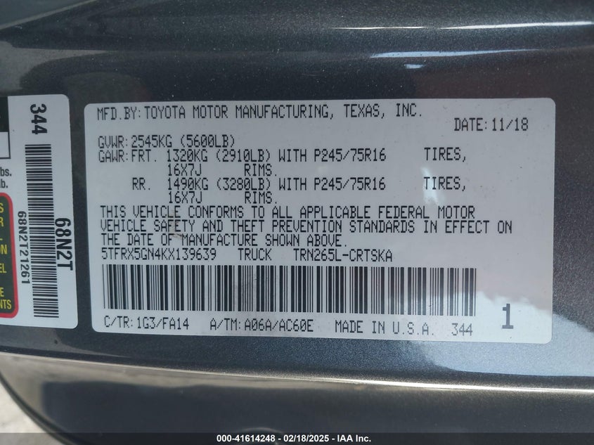 2019 TOYOTA TACOMA VIN: 5TFRX5GN4KX139639
