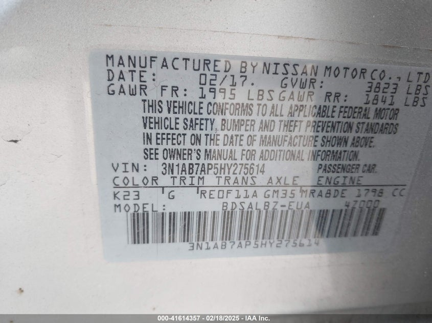 2017 NISSAN SENTRA VIN: 3N1AB7AP5HY275614