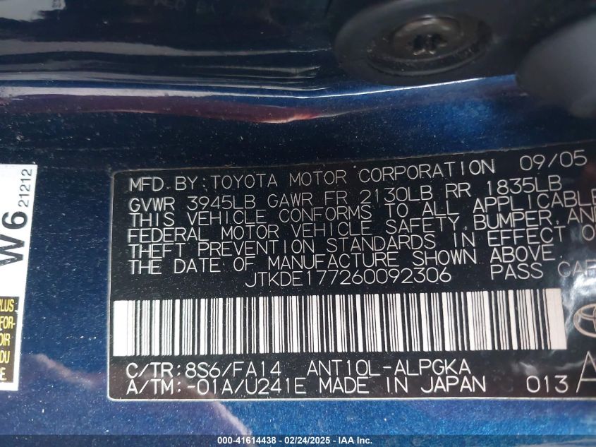 2006 Scion Tc VIN: JTKDE177260092306 Lot: 41614438