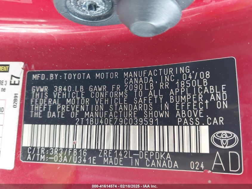 2009 Toyota Corolla Le VIN: 2T1BU40E79C039591 Lot: 41614574