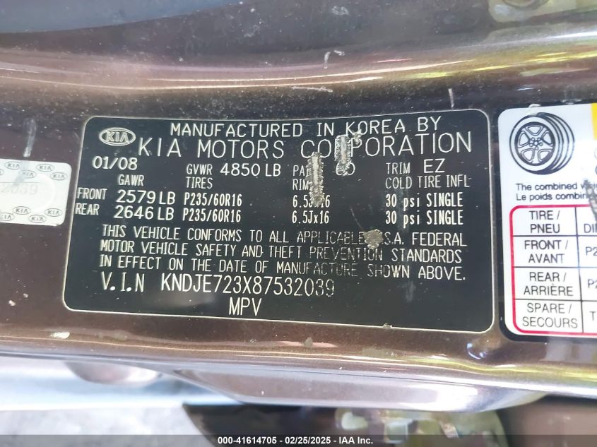 2008 Kia Sportage Lx V6 VIN: KNDJE723X87532039 Lot: 41614705