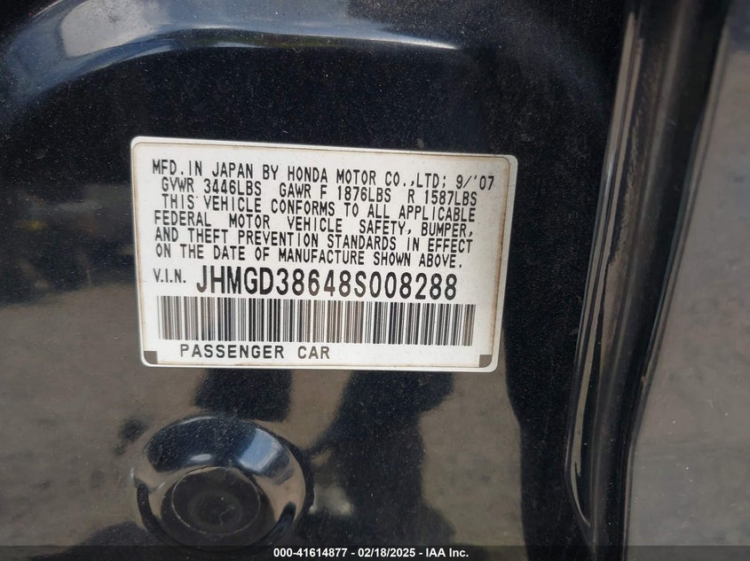 2008 HONDA FIT VIN: JHMGD38648S008288