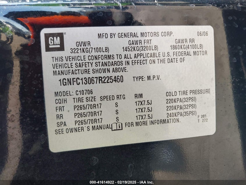 2007 Chevrolet Tahoe Ls VIN: 1GNFC13067R225460 Lot: 41614922