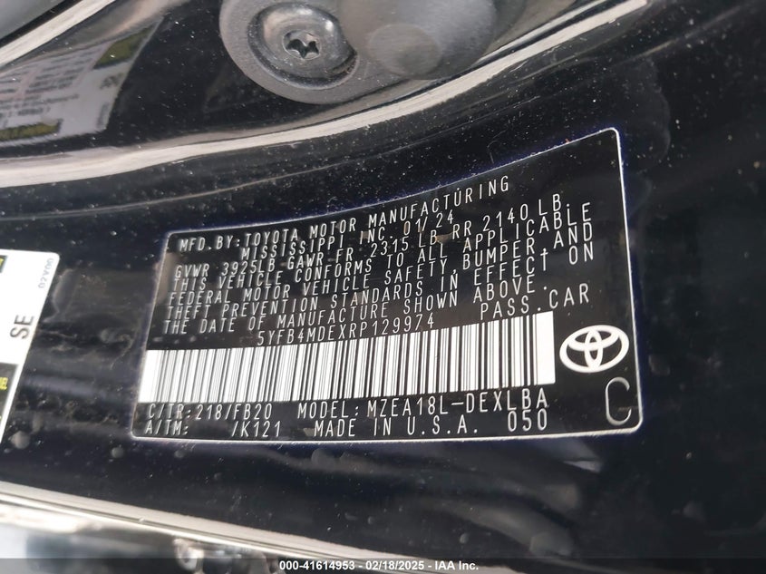 2024 TOYOTA COROLLA VIN: 5YFB4MDEXRP129974