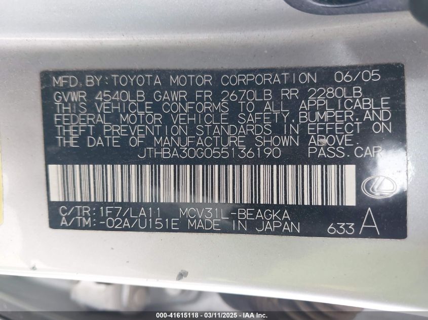 2005 Lexus Es 330 VIN: JTHBA30G055136190 Lot: 41615118