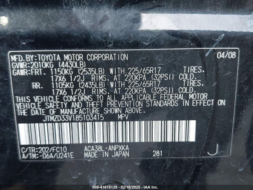 2008 Toyota Rav4 VIN: JTMZD33V185103415 Lot: 41615129