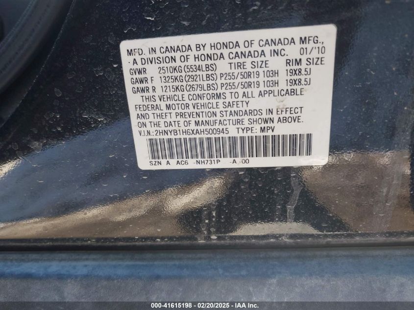 2010 Acura Zdx VIN: 2HNYB1H6XAH500945 Lot: 41615198