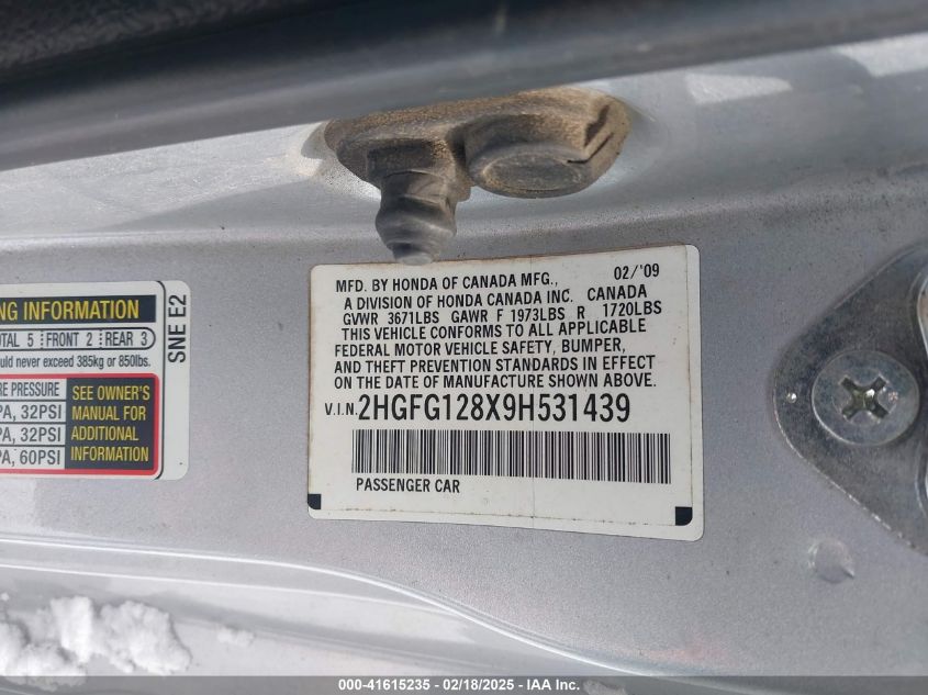 2009 Honda Civic Ex VIN: 2HGFG128X9H531439 Lot: 41615235