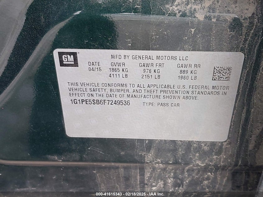 2015 CHEVROLET CRUZE VIN: 1G1PE5SB6F7249536