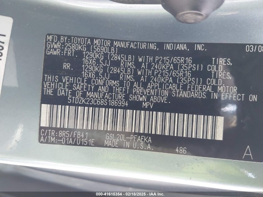 2008 Toyota Sienna VIN: 5TDZK73C68SI86994 Lot: 41615354