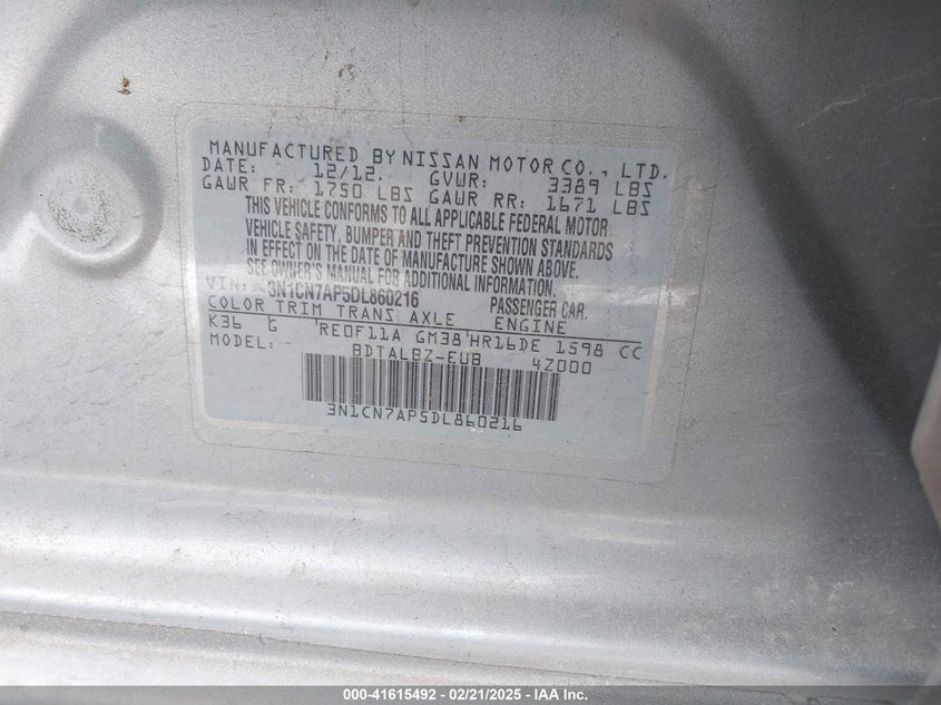 2013 Nissan Versa 1.6 Sv VIN: 3N1CN7AP5DL860216 Lot: 41615492