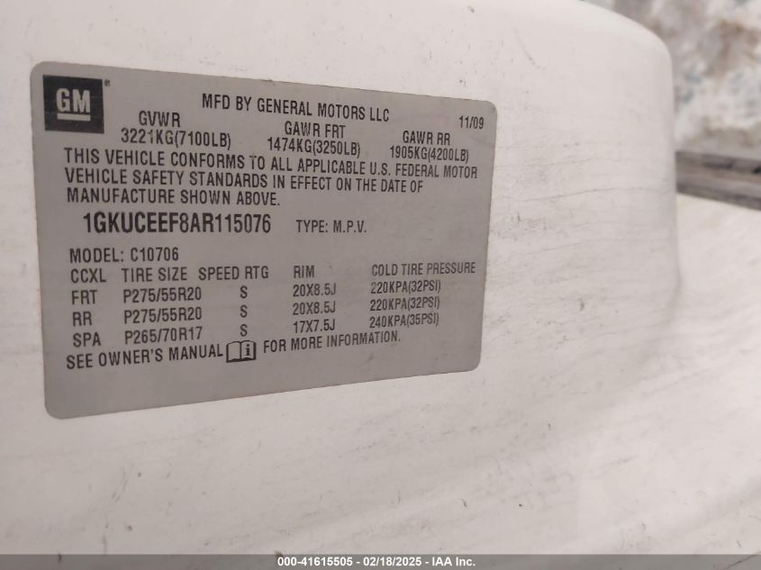 2010 GMC Yukon Denali VIN: 1GKUCEEF8AR115076 Lot: 41615505