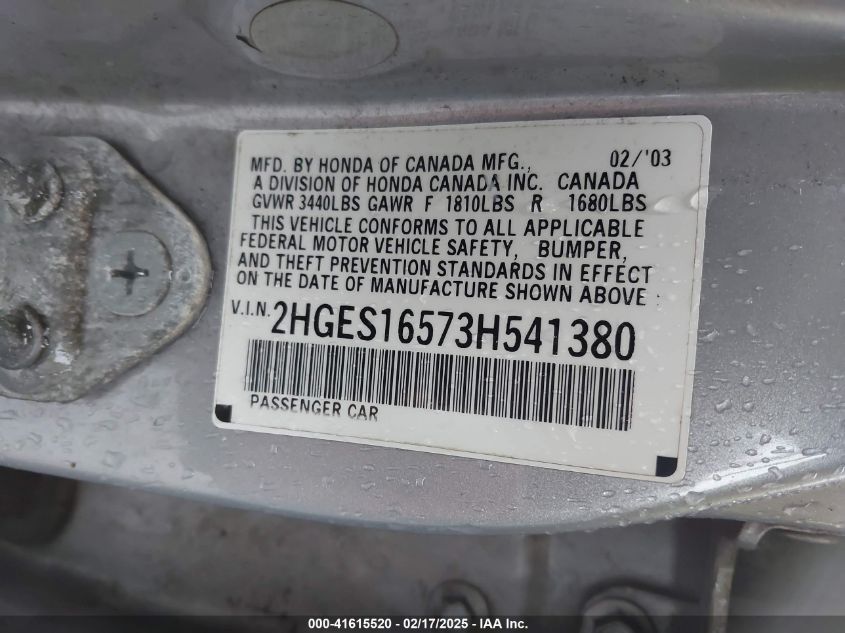 2003 Honda Civic Lx VIN: 2HGES16573H541380 Lot: 41615520