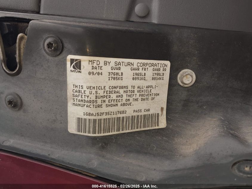 2005 Saturn Ion 2 VIN: 1G8AJ52F35Z117682 Lot: 41615525