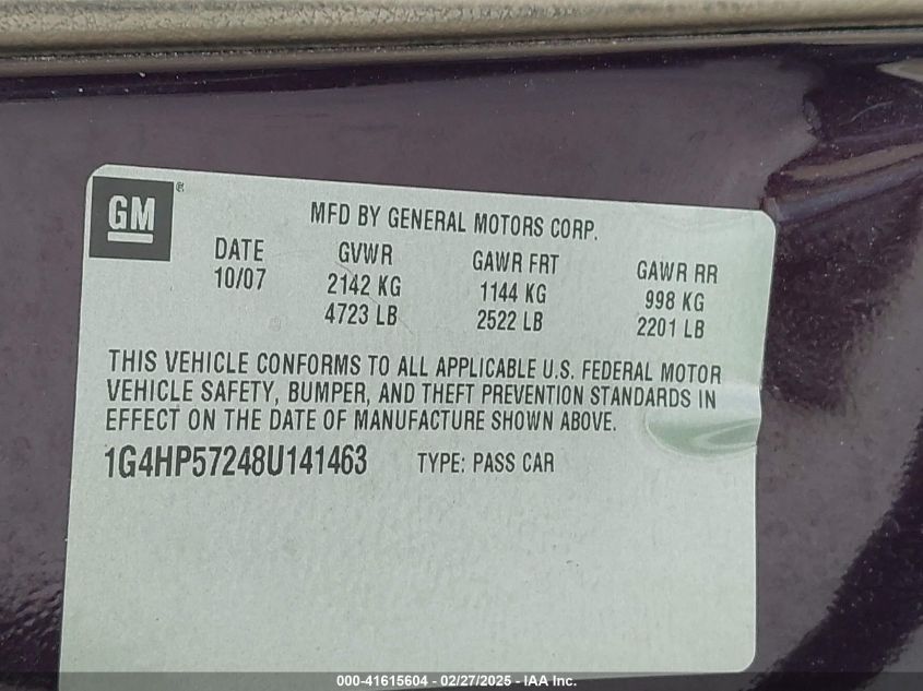 2008 Buick Lucerne Cx VIN: 1G4HP57248U141463 Lot: 41615604