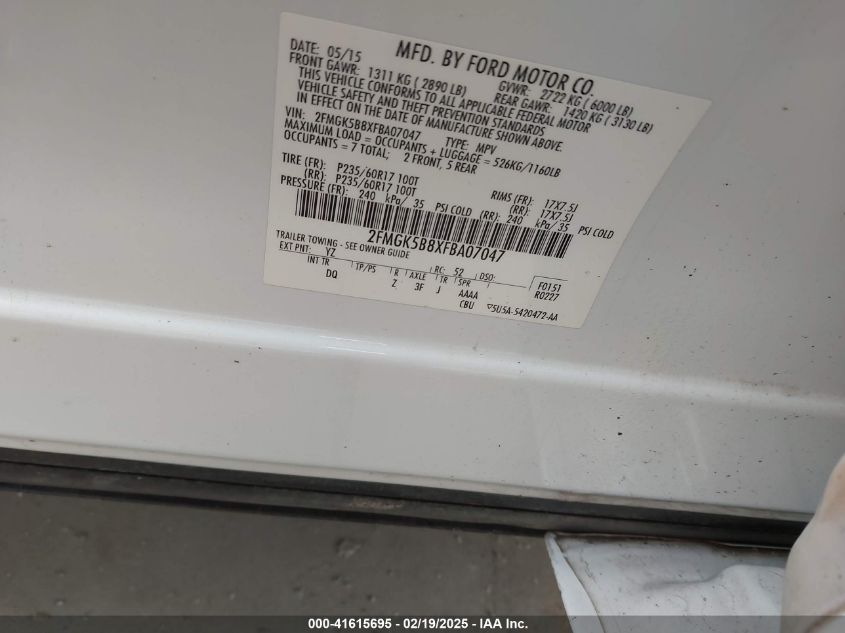 2015 Ford Flex Se VIN: 2FMGK5B8CFBA07047 Lot: 41615695