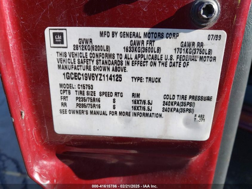 2000 Chevrolet Silverado 1500 Ls VIN: 1GCEC19V6YZ114125 Lot: 41615786