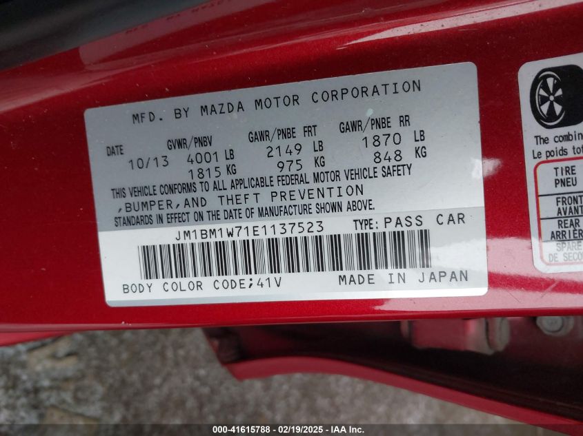 2014 Mazda Mazda3 I Grand Touring VIN: JM1BM1W71E1137523 Lot: 41615788