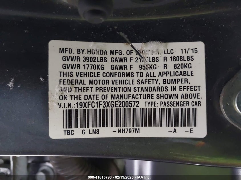 2016 HONDA CIVIC VIN: 19XFC1F3XGE200572