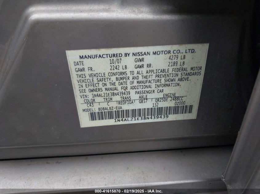 2008 NISSAN ALTIMA VIN: 1N4AL21E38N439439