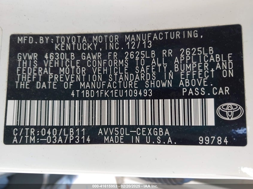 2014 TOYOTA CAMRY HYBRID VIN: 4T1BD1FK1EU109493