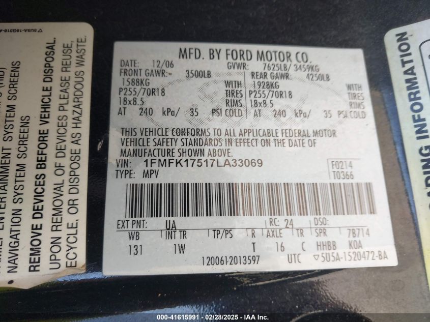 2007 Ford Expedition El Eddie Bauer VIN: 1FMFK17517LA33069 Lot: 41615991