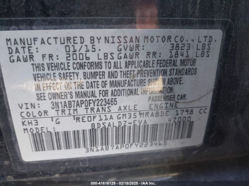 2015 Nissan Sentra Sv VIN: 3N1AB7AP0FY223465 Lot: 41616129