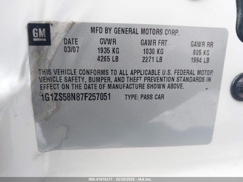 2007 Chevrolet Malibu Ls VIN: 1G1ZS58N87F257051 Lot: 41616317