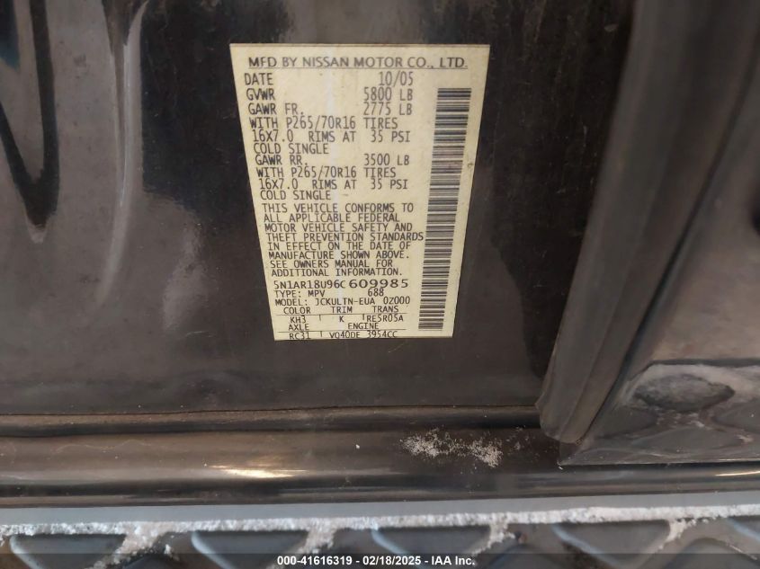 2006 Nissan Pathfinder Se VIN: 5N1AR18U96C609985 Lot: 41616319