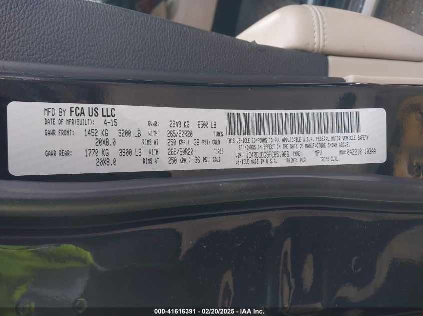 2015 Dodge Durango Limited VIN: 1C4RDJDG9FC851066 Lot: 41616391