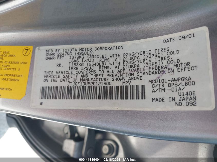 2002 Lexus Rx 300 VIN: JTJGF10U620121900 Lot: 41616404