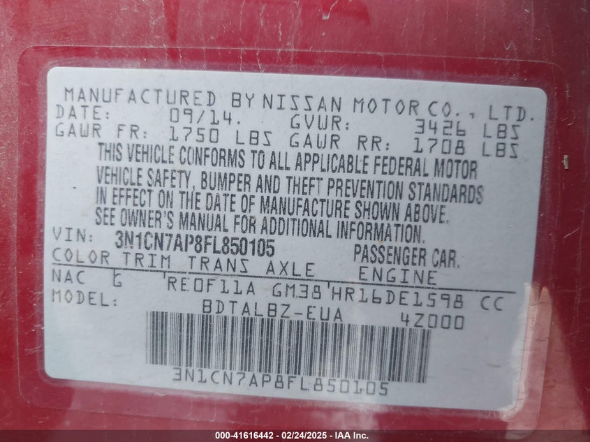 2015 NISSAN VERSA VIN: 3N1CN7AP8FL850105