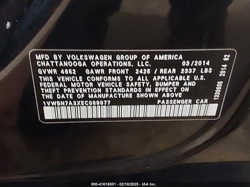 2014 VOLKSWAGEN PASSAT VIN: 1VWBN7A3XEC089977