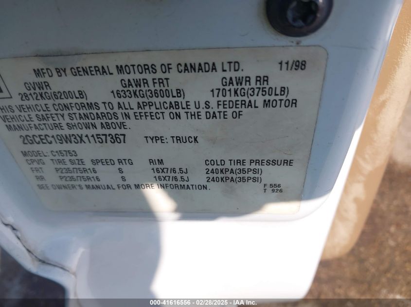 1999 Chevrolet Silverado 1500 VIN: 2GCEC19W3X1157367 Lot: 41616556