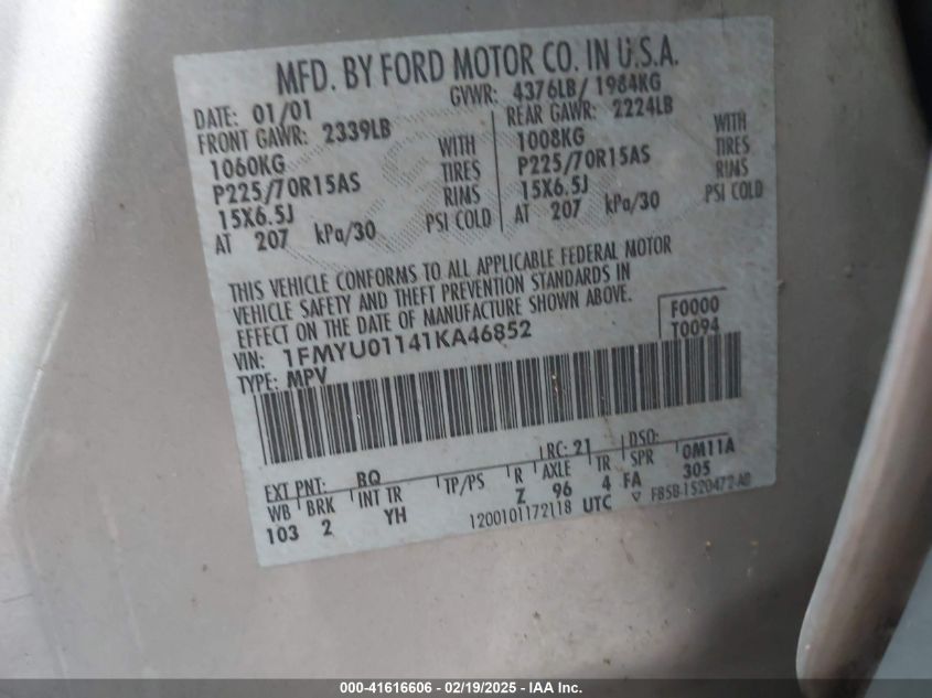 2001 Ford Escape Xls VIN: 1FMYU01141KA46852 Lot: 41616606