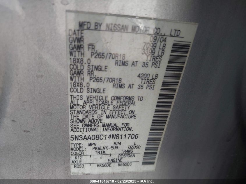 2004 Infiniti Qx56 VIN: 5N3AA08C14N811706 Lot: 41616710