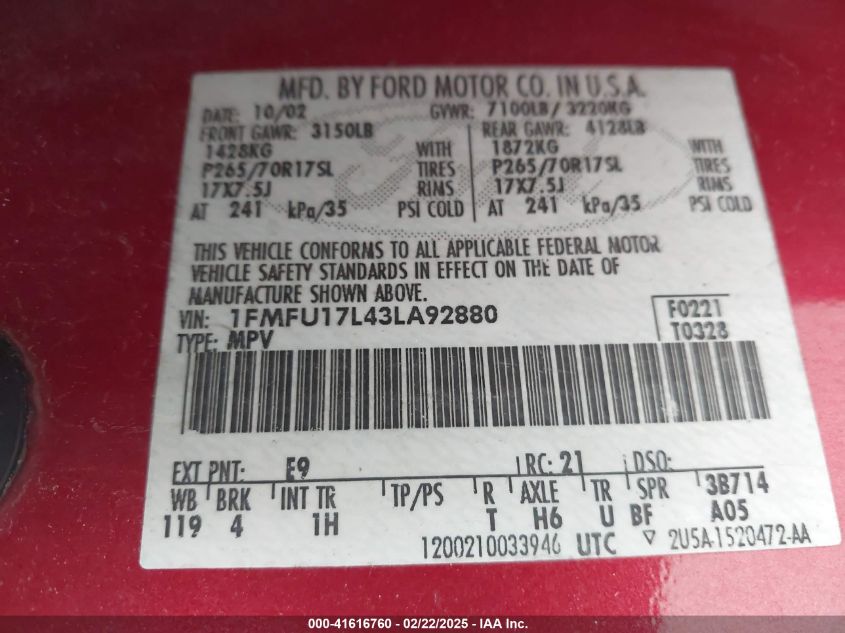 2003 Ford Expedition Eddie Bauer VIN: 1FMFU17L43LA92880 Lot: 41616760