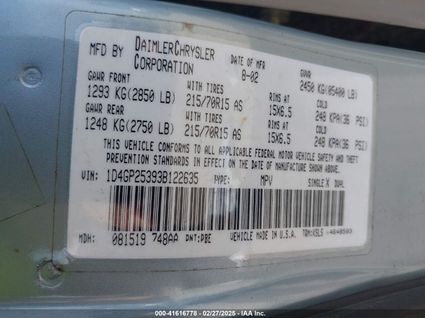 2003 Dodge Caravan Se VIN: 1D4GP25393B122635 Lot: 41616778