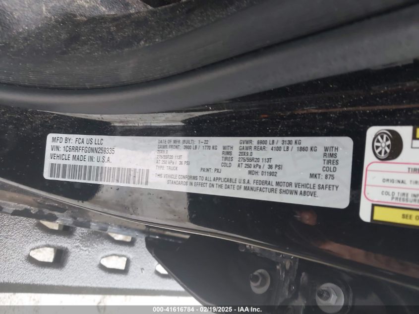 2022 Ram 1500 Big Horn 4X4 5'7 Box VIN: 1C6RRFFG0NN259335 Lot: 41616784