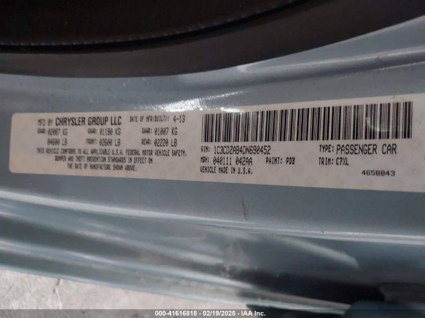 2013 Dodge Avenger Se VIN: 1C3CDZAB4DN690452 Lot: 41616818