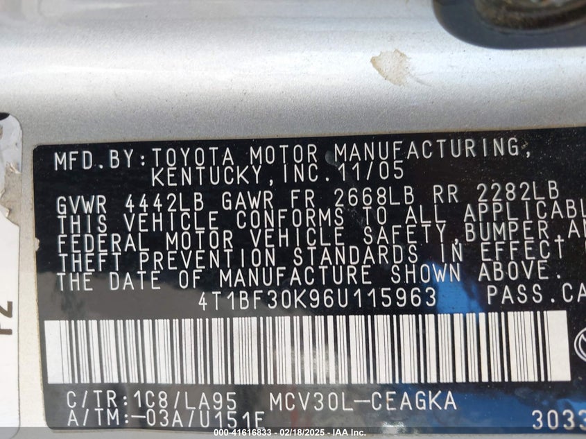 2006 TOYOTA CAMRY VIN: 4T1BF30K96U115963