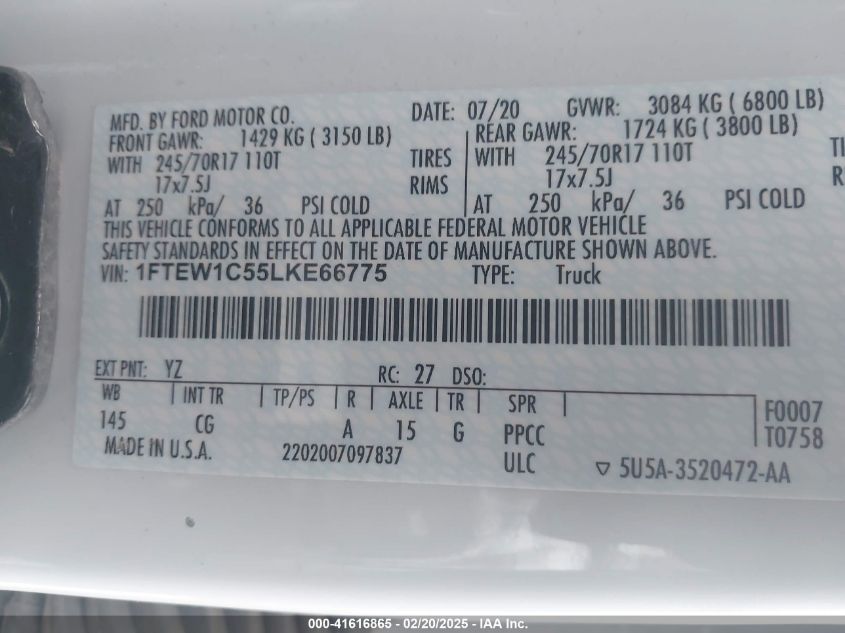 2020 Ford F-150 Xl VIN: 1FTEW1C55LKE66775 Lot: 41616865