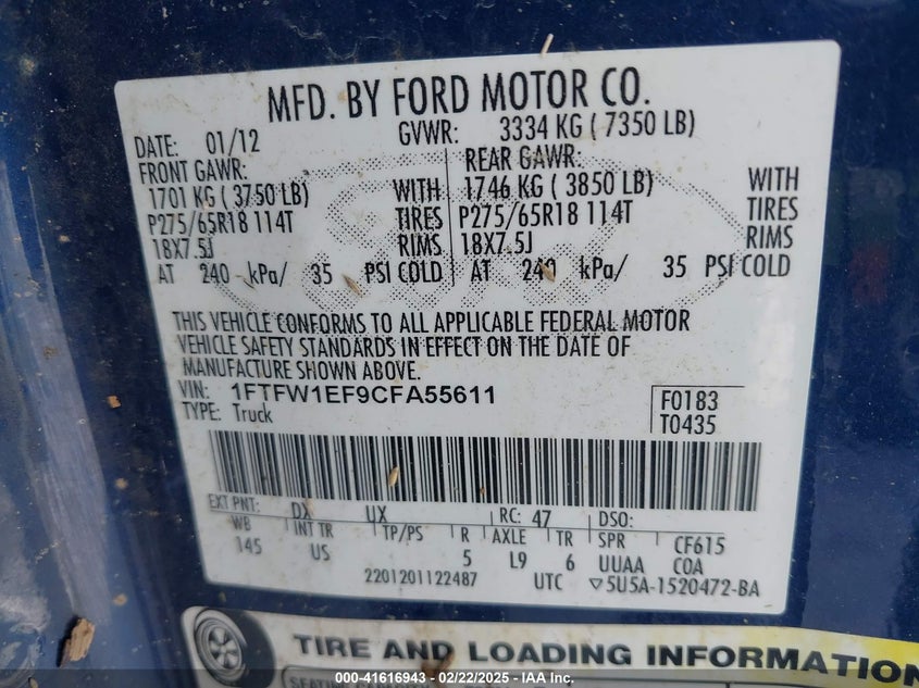 2012 FORD F-150 VIN: 1FTFW1EF9CFA55611