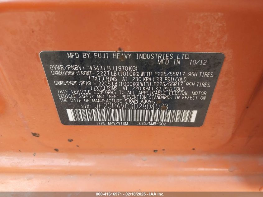 2013 Subaru Xv Crosstrek 2.0I Premium VIN: JF2GPAVC3D2804033 Lot: 41616971