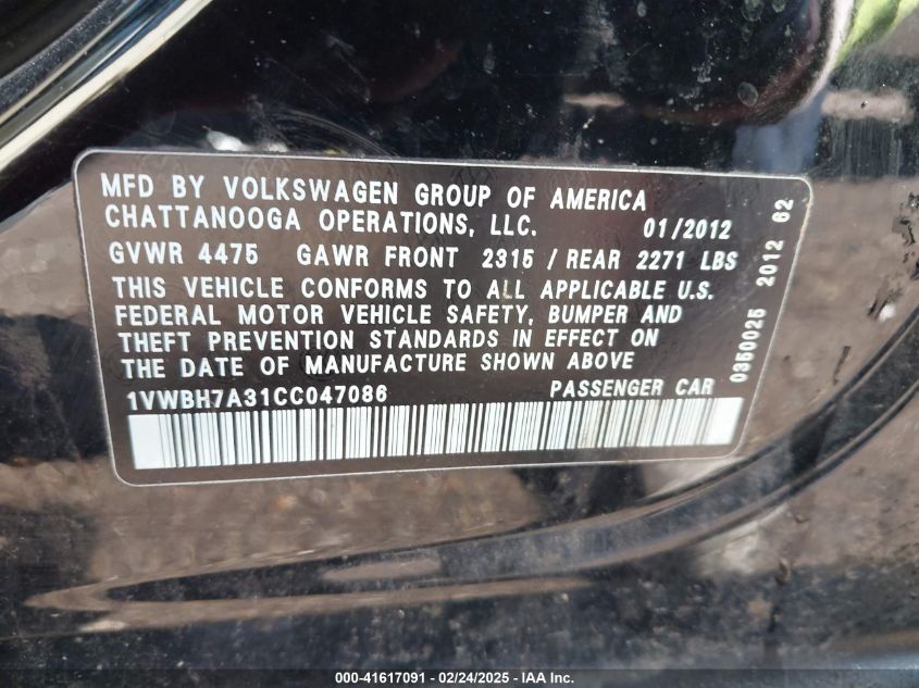 2012 Volkswagen Passat 2.5L Se VIN: 1VWBH7A31CC047086 Lot: 41617091