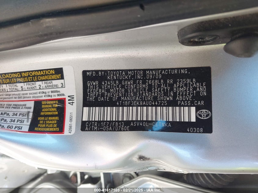 2010 TOYOTA CAMRY VIN: 4T1BF3EK8AU044725